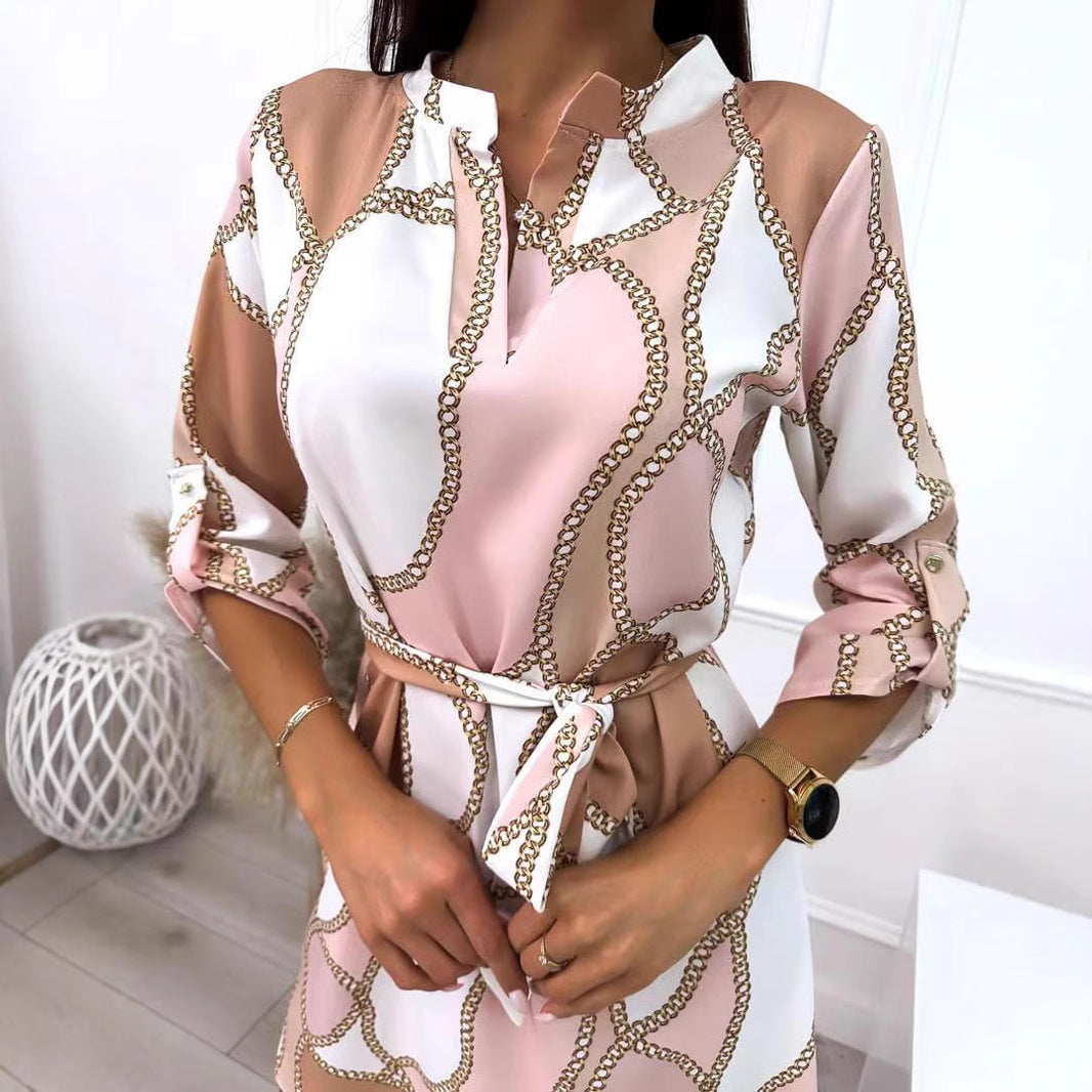 womens-floral-chain-print-wrap-dress-belted-artisio-close-up