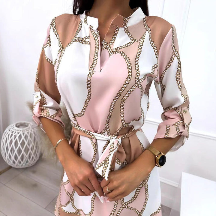 womens-floral-chain-print-wrap-dress-belted-artisio-close-up