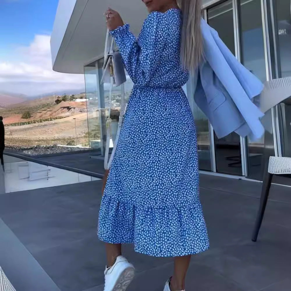 womens-floral-wrap-midi-dress-ruffle-sleeves-artisio-side-view