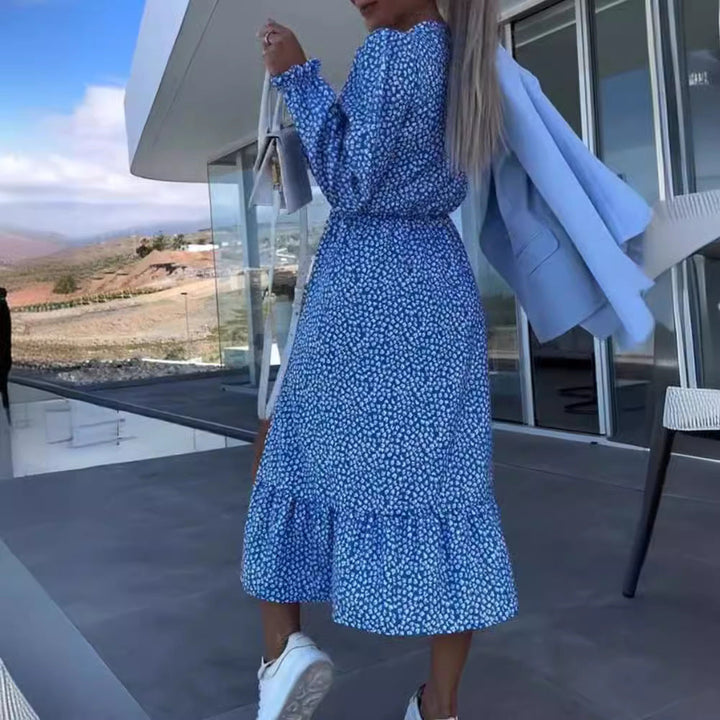 womens-floral-wrap-midi-dress-ruffle-sleeves-artisio-side-view