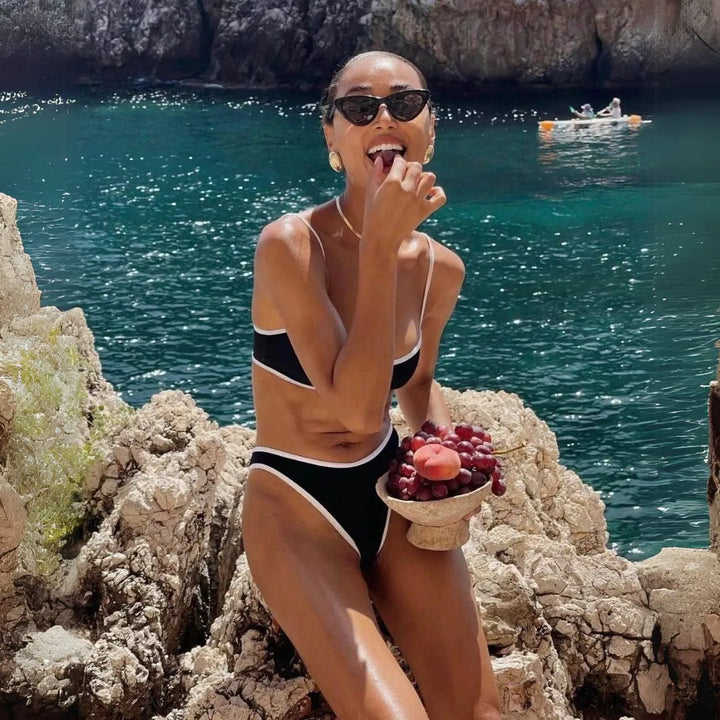 Zara Contrast Trim Deep V Triangle Bikini Set