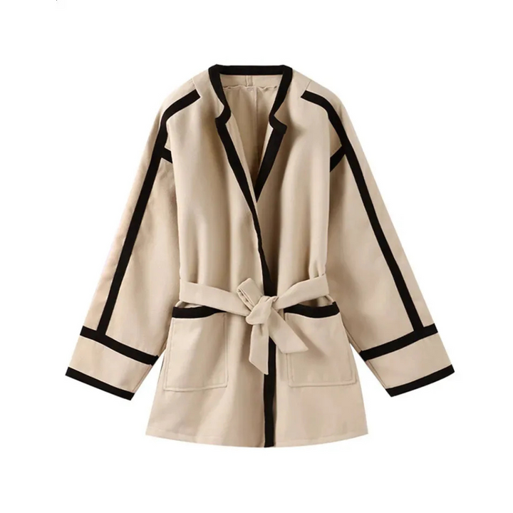 Jasmine Contrast-Trim Belted Wool Coat