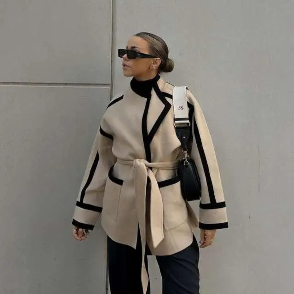 Jasmine Contrast-Trim Belted Wool Coat