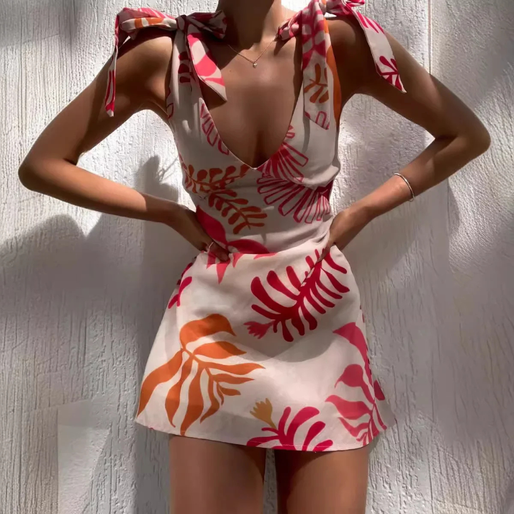 Della Tropical Print Tie Mini Dress